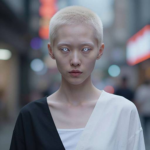 Photographic portrait of a pale, bald, androgynous model with striking blue eyes, wearing a black-and-white split dress, in a blurred