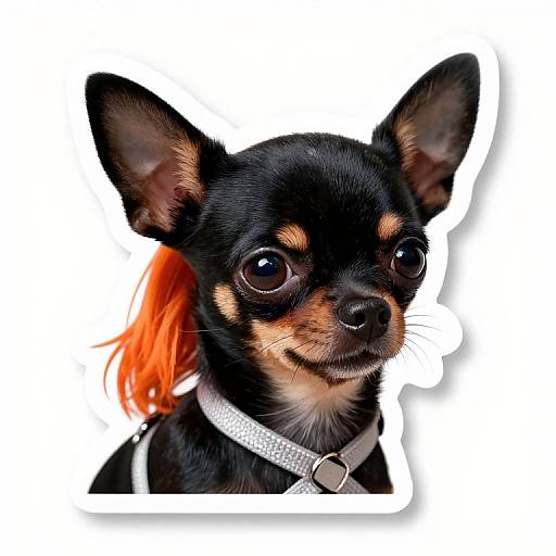 Photograph of a small black and tan Chihuahua with large ears, bright orange hair tie, and white collar, set against a plain white
