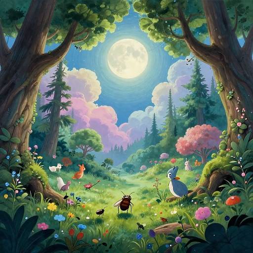 Whimsical digital illustration of a vibrant forest meadow with colorful flowers, tall trees, a bright full moon, and various birds and insects.