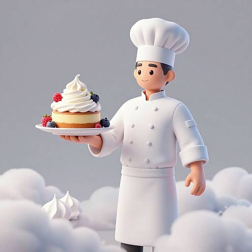 3D CGI image of a smiling male chef in white uniform holding a swirled, fruit-topped cake against a cloudy background.