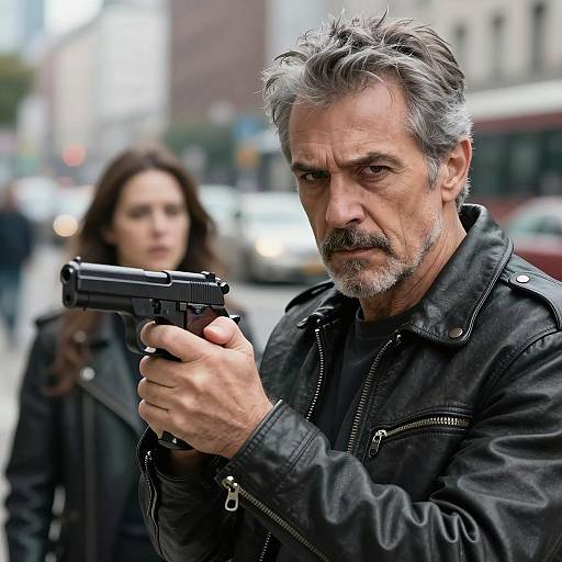 Intense Man with Gun in Cityscape