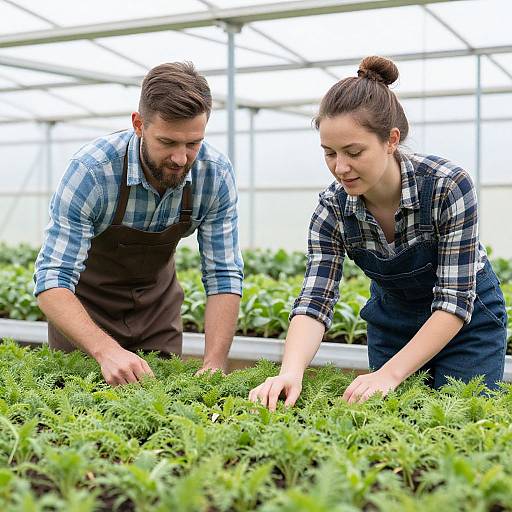 Farmers Tending Seedlings in Greenhouse