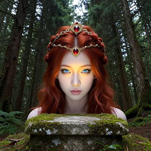 Digital artwork of a fair-skinned woman with red hair, blue eyes, wearing a jeweled crown, in a forest, staring forward, moss-covered