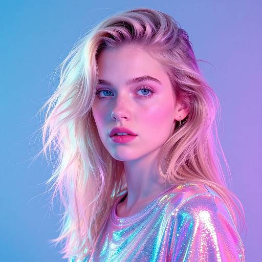 Photograph of a blonde woman with blue eyes, wearing a shimmering, iridescent top, illuminated by blue and pink neon lights.