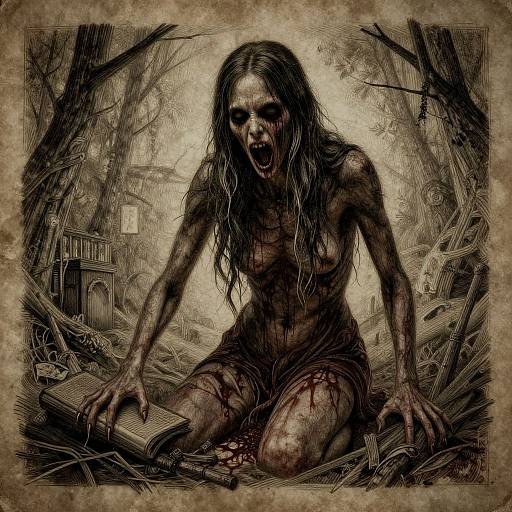 Gruesome digital illustration of a bloodied, screaming, naked woman with long hair, kneeling in a dark, eerie forest, gripping an open book