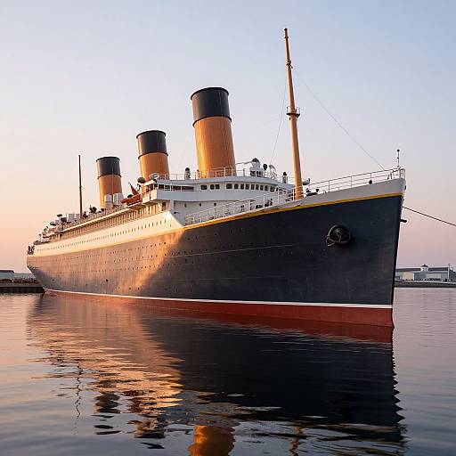 Photograph of a large, black steamship with three orange smokestacks docked at sunset, reflecting in calm water, with a clear blue sky