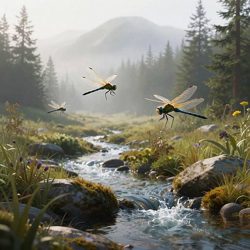 Misty Foothills with Hovering Dragonflies