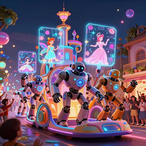 Vibrant CGI scene of neon-lit, robot-attended fairy tale carriage with glowing princess holograms, surrounded by cheering crowd on a night street