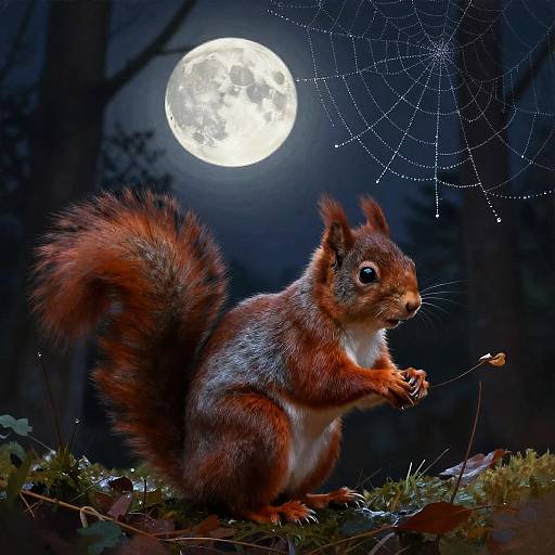 Photorealistic digital artwork of a red squirrel with a bushy tail, holding a small leaf, under a full moon, with a delicate spiderweb