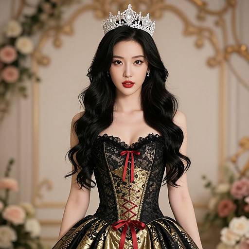 Digital illustration of an Asian woman with long black hair, wearing a silver tiara, black lace corset, gold and black gown, and red ribbon