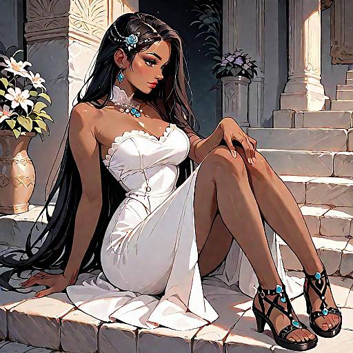 Elegant Woman in White Dress on Stone Stairs