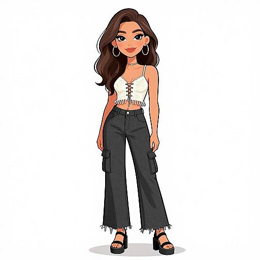 Digital illustration of a smiling young woman with long dark hair, wearing a white frilled crop top, black cargo pants, and black platform sandals, standing