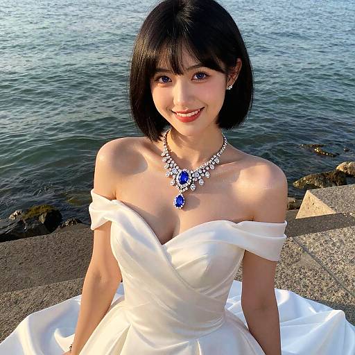 Smiling Bride in White Wedding Dress by Water