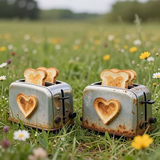 Photograph of two rusty, heart-shaped toaster sandwiches in a grassy field with colorful wildflowers in the background.