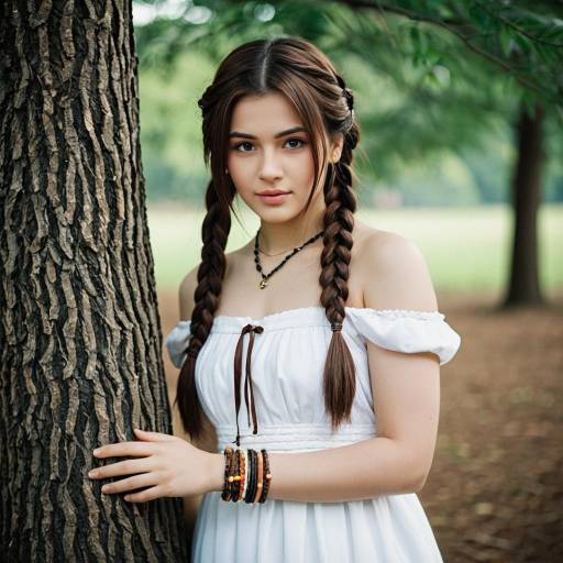 Young Woman in White Dress with Twin Braids Outdoors