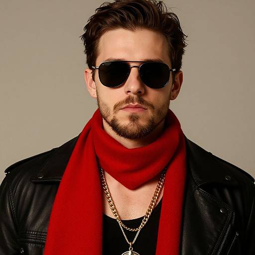 Photograph of a handsome man with dark hair, beard, wearing black sunglasses, black leather jacket, red scarf, gold chains, and black shirt,
