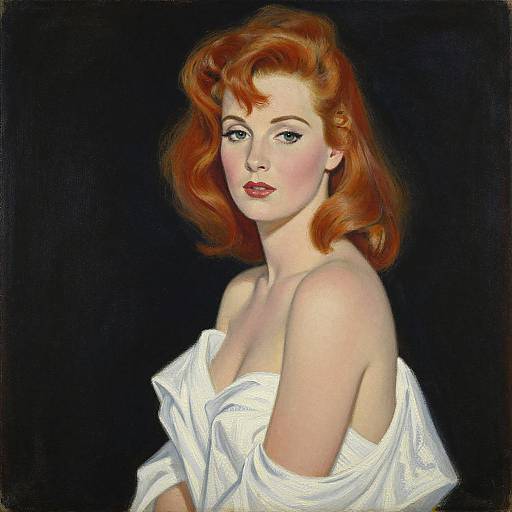 Digital painting of a fair-skinned, red-haired woman with curled hair, wearing an off-shoulder white dress, against a black background.