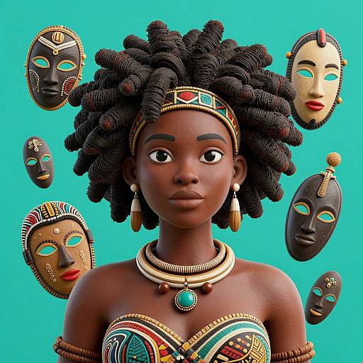 CGI image of a dark-skinned African woman with large, curly black hair, adorned with traditional masks floating around her, wearing colorful tribal jewelry and