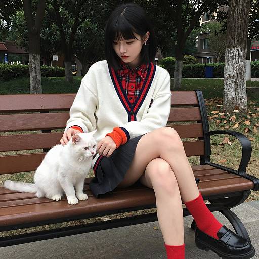 Young woman sitting on park bench with white cat