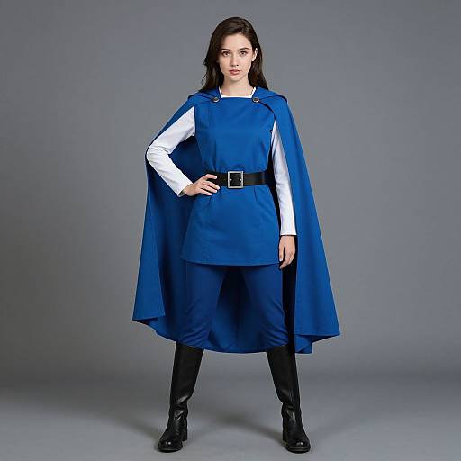 Photograph of a young woman with pale skin and dark hair, wearing a blue cape over a white shirt and black pants, black belt, and boots
