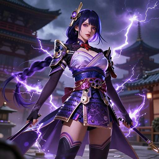 Digital art of a fierce, blue-haired anime warrior woman with purple lightning, wearing intricate black and purple armor, standing in a traditional Asian courtyard. Electric