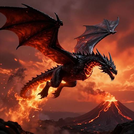 Photorealistic digital art of a black, winged dragon soaring over a fiery volcanic landscape with molten lava and erupting mountain.