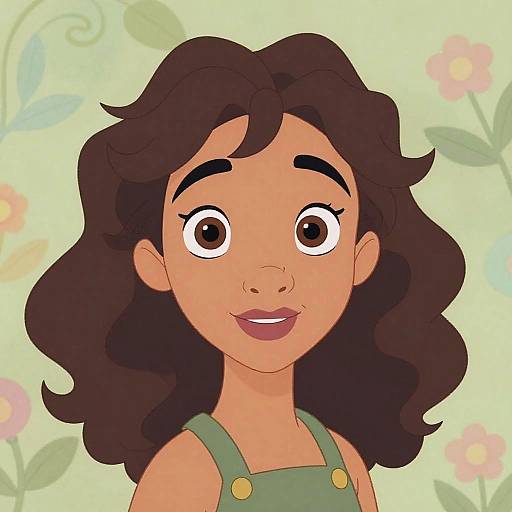 Digital cartoon of a young girl with dark wavy hair, brown eyes, and green overalls, smiling against a pastel floral background.