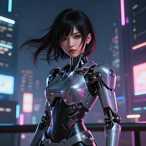 Cyberpunk-style CGI of an Asian woman with short black hair, wearing a shiny, metallic robotic suit, standing in a neon-lit cityscape
