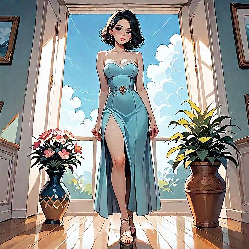 Stylish Woman in Blue Strapless Dress by Window