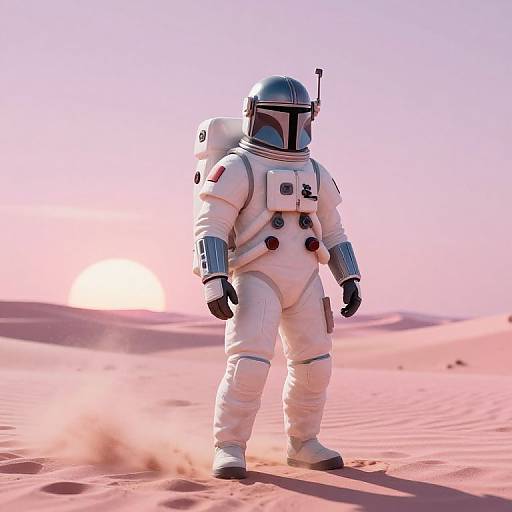 Astronaut Standing in Pink Desert at Sunrise