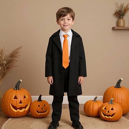 Photograph of a smiling young boy in a black coat, orange tie, and black pants, standing among carved pumpkins in a beige room.