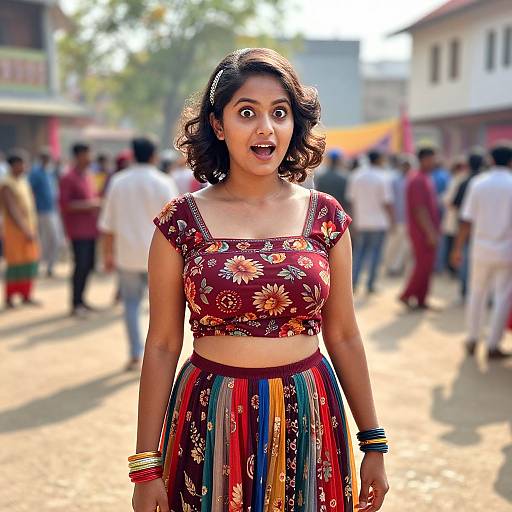 Photograph of a surprised Indian woman with dark curly hair, wearing a floral crop top and striped skirt, standing in a bustling street market.