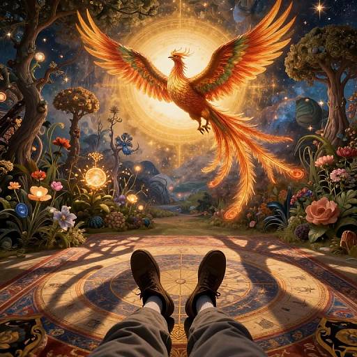 Fantastical digital art: A vividly colored phoenix with fiery wings soars above a starry night garden, seen from a person's perspective lying