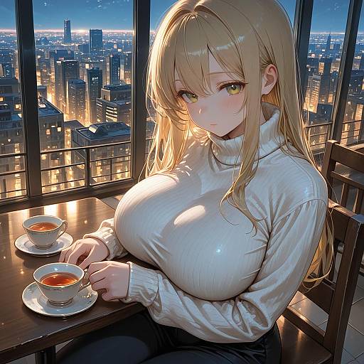 Solo Girl in Turtleneck Tea Time