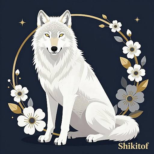 Majestic White Wolf Among Floral Elegance