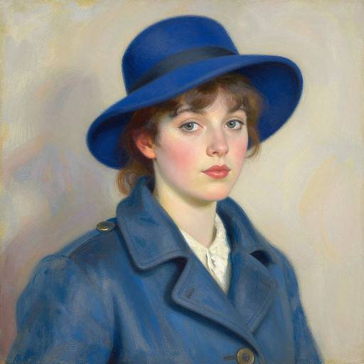 Oil painting of a fair-skinned woman with blue eyes, wearing a blue hat and coat, against a beige background.
