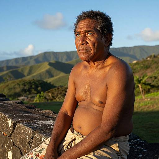 Photograph of a shirtless, middle-aged, dark-skinned man with short curly hair, sitting on a stone wall, wearing a beige sarong