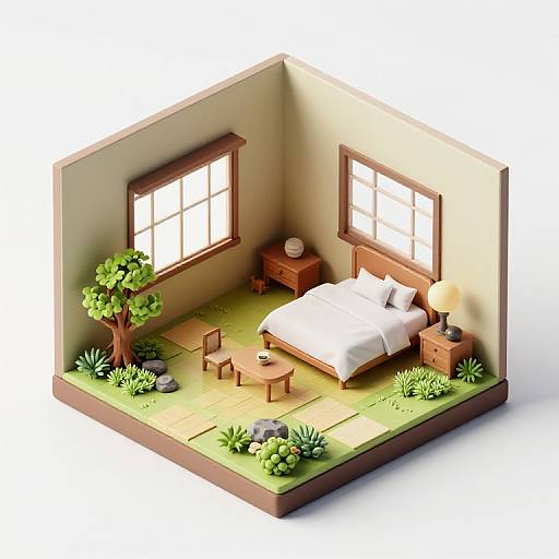 Isometric digital illustration of a small, cozy bedroom with a white bed, wooden furniture, green plants, two windows, and a tree.