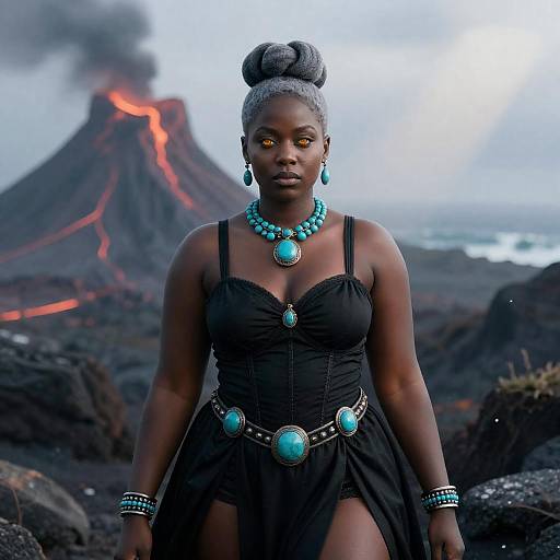 Senegalese Woman in Black Dress with Volcanic Eruption Background