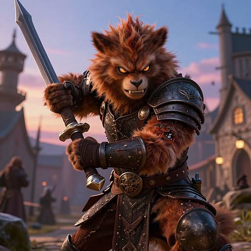 CGI fantasy image of an angry, armored, wolf-like warrior with glowing eyes, holding a sword, set against a medieval castle backdrop at sunset.