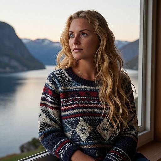 Photograph of a blonde woman with wavy hair, wearing a colorful Nordic pattern sweater, sitting by a window overlooking a serene lake and mountain landscape at