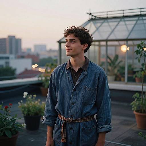 Painter on Rooftop Greenhouse at Twilight