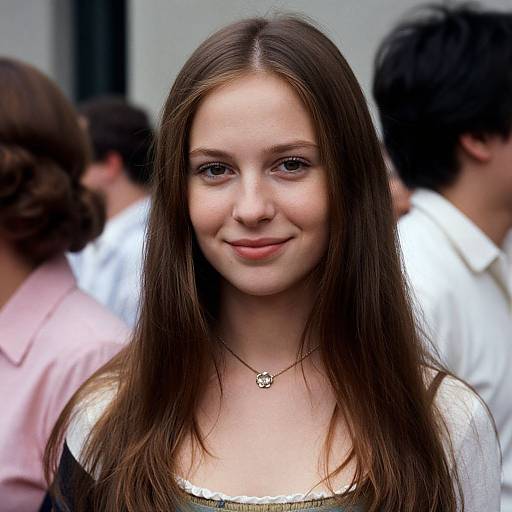 Photograph of a young Caucasian woman with long brown hair, light skin, and subtle smile, wearing a white top with black straps, necklace with small