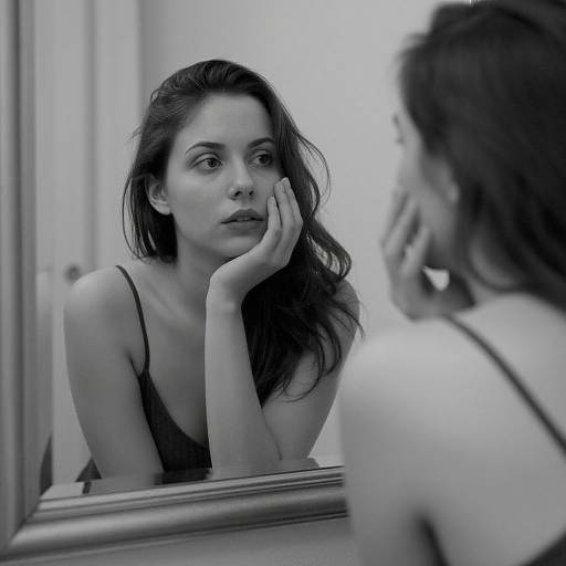 Black-and-white photograph of a pensive woman with long dark hair, wearing a thin-strapped top, resting her chin on her hand, gazing