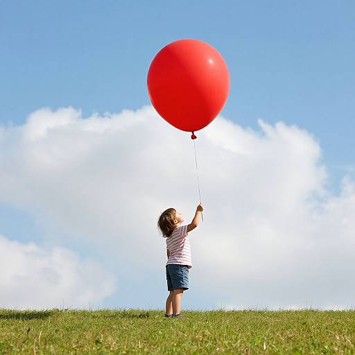 Photograph of a young child with curly hair, wearing a white and red striped shirt and blue shorts, holding a bright red balloon against a clear blue