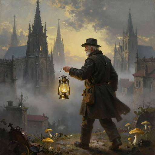 Elderly Man in Foggy Gothic City