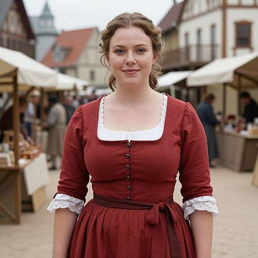 Photograph of a smiling fair-skinned woman with brown hair in a red medieval-style dress with white lace cuffs, standing in a bustling outdoor market with