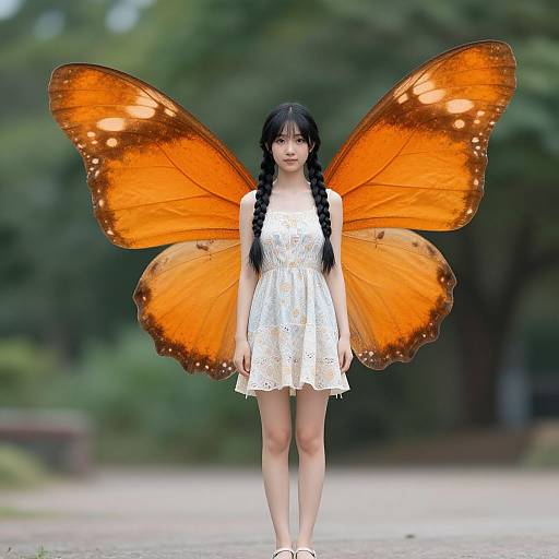 Photograph of a young Asian woman with long black hair in braids, wearing a white lace dress, standing barefoot with large orange butterfly wings,