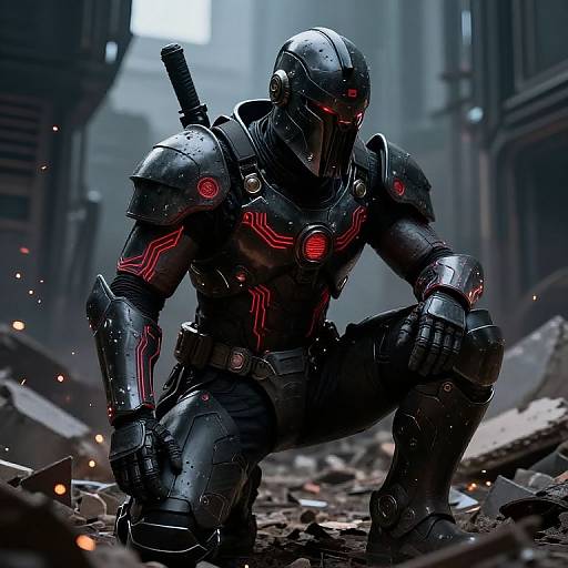 Digital artwork of a black armored warrior with glowing red circuits, squatting in a ruined, dark urban environment with debris and sparks.