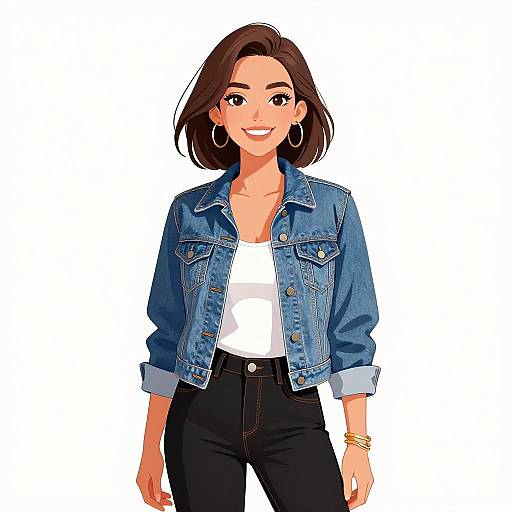 Digital illustration of a smiling woman with short brown hair, wearing a blue denim jacket, white tank top, black pants, and gold hoop earrings, against